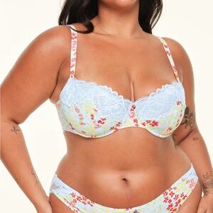 Adore Me Mathilda Contour Balconette Floral Lace Bra in Light Blue and Red 36DDD